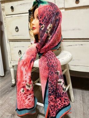 Oversized Coral & Teal Floral Scarf – Lightweight & Versatile